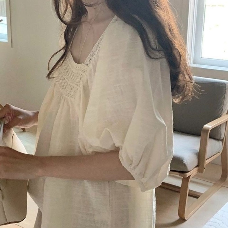 Áo Kiểu Vải Lanh Cotton Cổ Vuông Tay Ngắn Phồng Hở Lưng Thời Trang