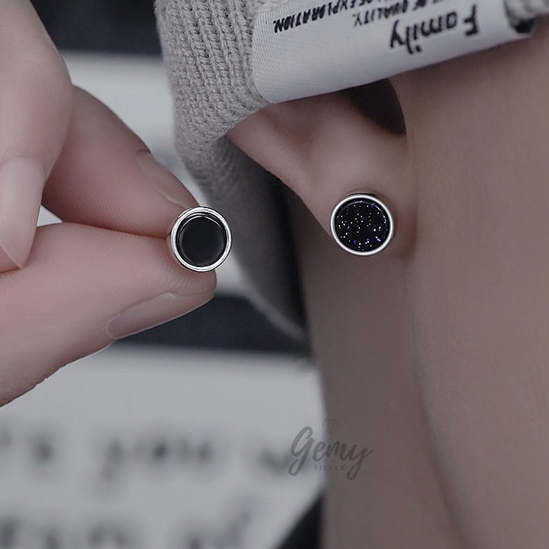 Khuyên tai nam tròn bạc 925 đá đen cá tính unisex Black Knight   | GEMY SILVER KN31