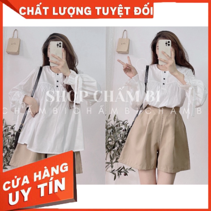 Set đồ nữ S.061, Áo babydoll dài tay rút dây nơ cách điệu và quần short kaki style Hàn Quốc - HÀNG MỚI VỀ