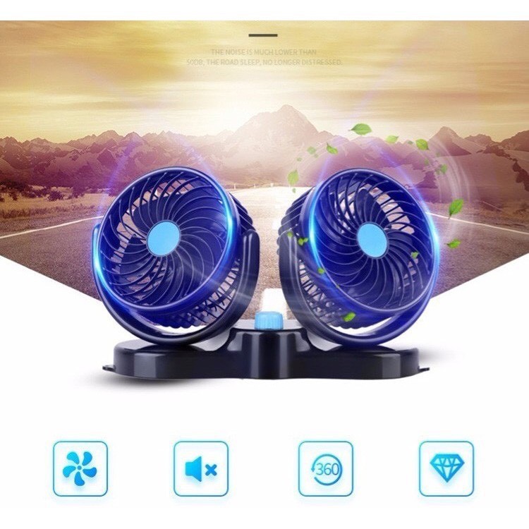 Quạt đôi mini trên xe ô tô , quạt đôi ô tô thông minh xoay 360 độ TIME HOME