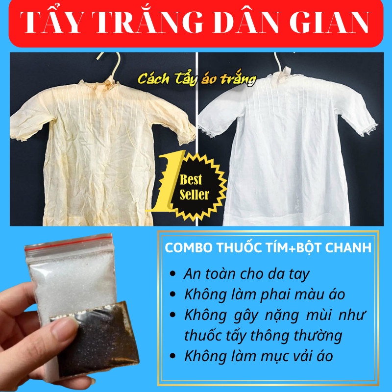 Tẩy mốc Quần áo, Tẩy trắng Quần áo ( Combo tẩy tím + bột chanh )