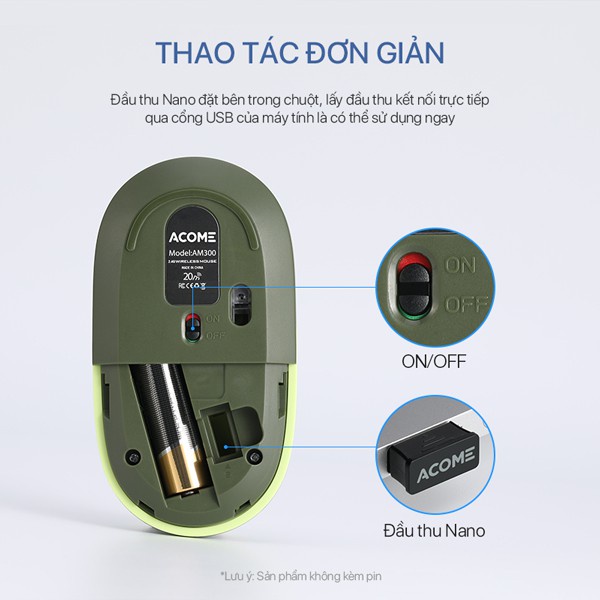 Chuột Không Dây ACOME AM300 2.4GHz Tĩnh Âm Không Gây Ồn Kiểu Dáng Xinh Xắn Tặng Kèm Pin