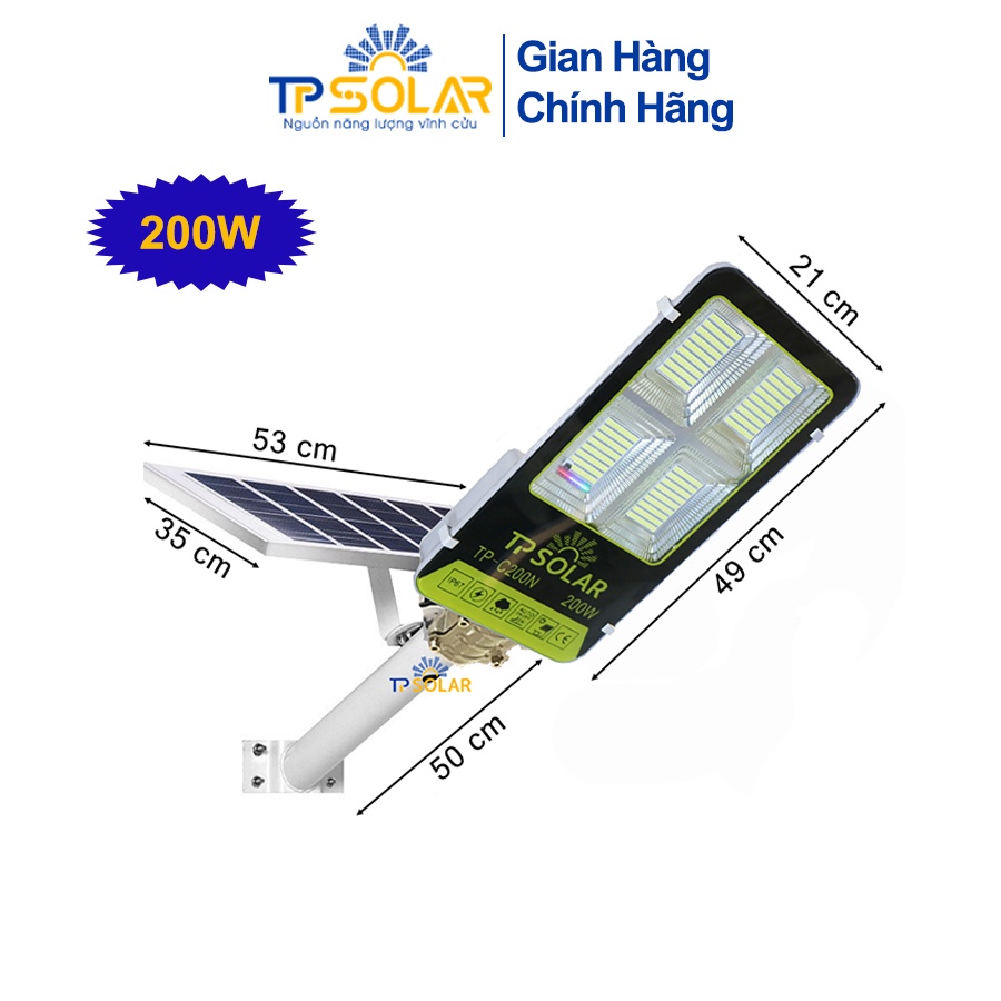 Đèn Bàn Chải Năng Lượng Mặt Trời TP Solar TP-C200N Công Suất 200W Chống Nước IP66, Cảm Biến Tự Động