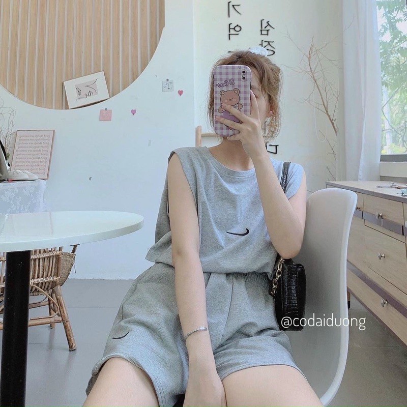 Set áo tanktop quần short đùi nam nữ in logo NI.KE 🌸Bộ cộc tay from rộng ulzzang trơn basic🌸 Set thun unisex dạo phố