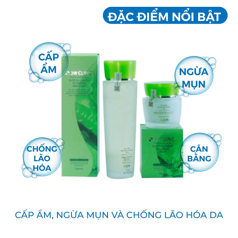 Bộ dưỡng ẩm - Set dưỡng trắng da chống lão hóa chiết xuất Lô Hội 3W Clinic Hàn Quốc [Nước Hoa Hồng + Kem Dưỡng]