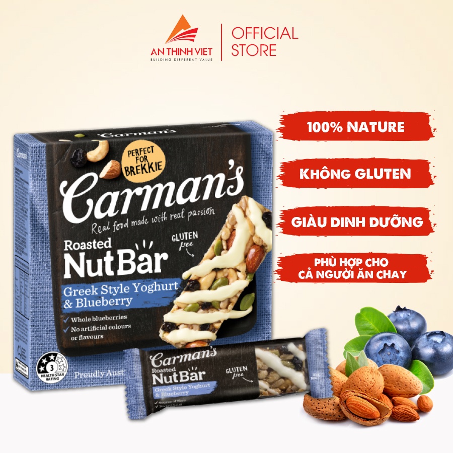 Thanh Hạt Carman's Nut Bar Greek Style Yoghurt, Blueberry - Sữa Chua Hy Lạp, Việt Quất - 160g