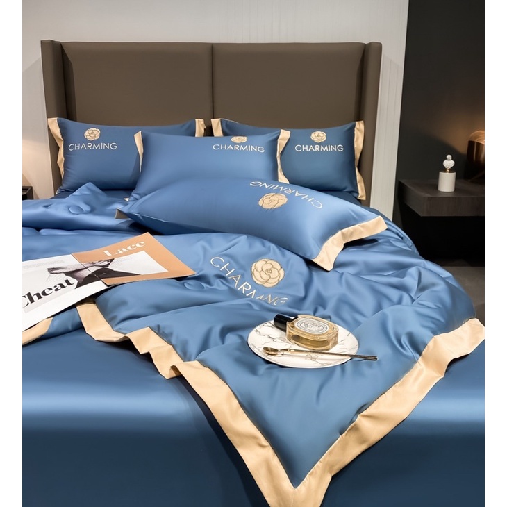 Bộ chăn ga gối phi lụa CHARMING óng mịn cao cấp , Ga giường vỏ gối chăn hè phi lụa chât liệu mềm mịn thoáng mát mới 2022