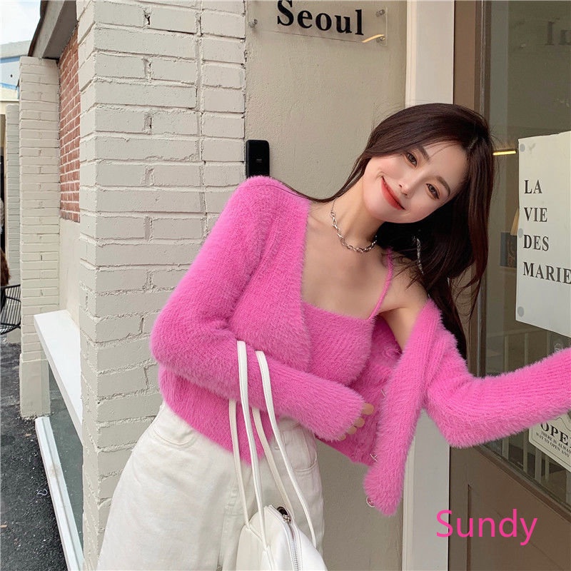 Set Áo Hai Dây Kèm Áo Khoác Cardigan Thời Trang Mùa Thu Phong Cách Phương Tây Cho Nữ