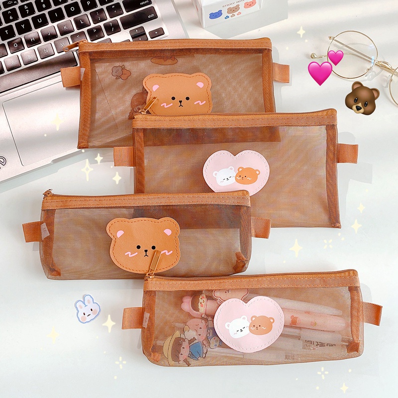 Túi Đựng Bút Phối Lưới Hình Gấu Dễ Thương Xinh Xắn