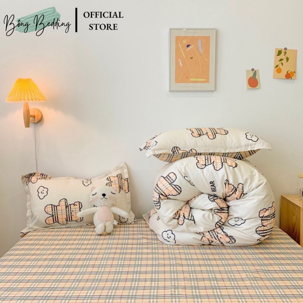 Bộ Chăn Ga Gối Cotton Poly Gấu Be Phối Ga Kẻ HIN BEDDING Miễn Phí Bo Chun