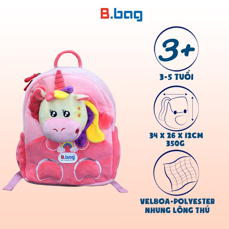 Balo mẫu giáo B.Bag Cushy-Unicorn Hồng dành cho bé 3-5 tuổi,trẻ mẫu giáo