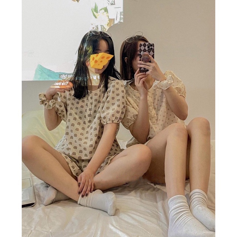 Set đồ nữ pijama nhiều hình áo babydoll &amp; quần ngắn ulzzang , Bộ quần đùi kèm áo sơ mi cách điệu hot trend