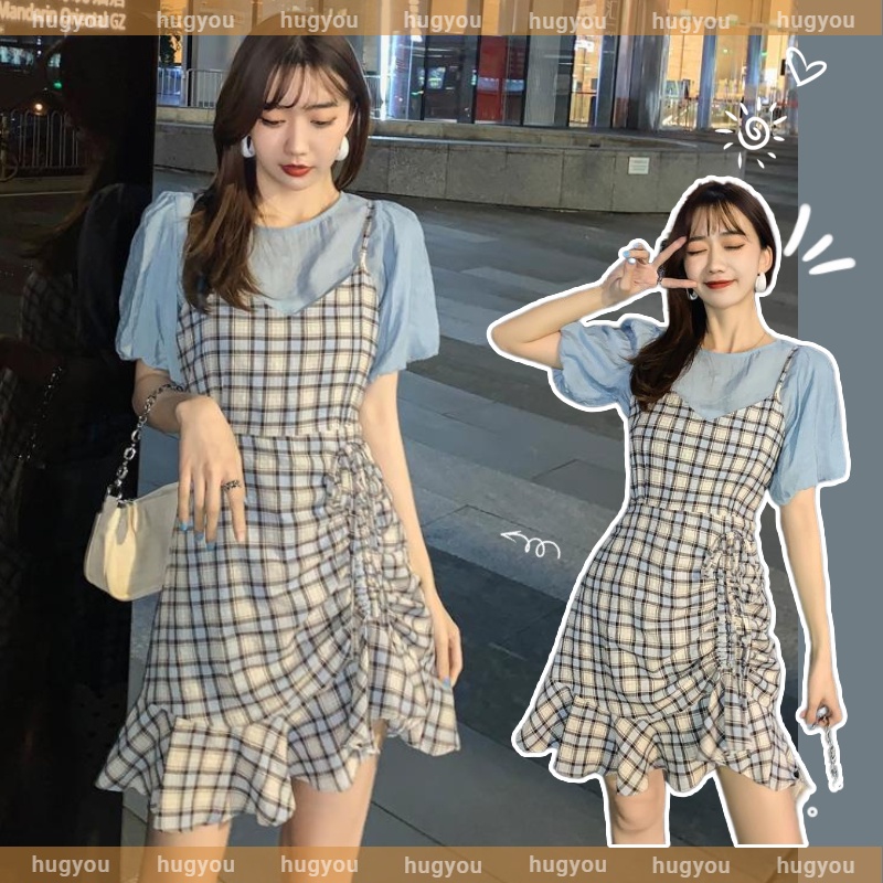 Set Đầm Yếm Tay Ngắn + Áo Tay Phồng Phong Cách Hàn Quốc Mới