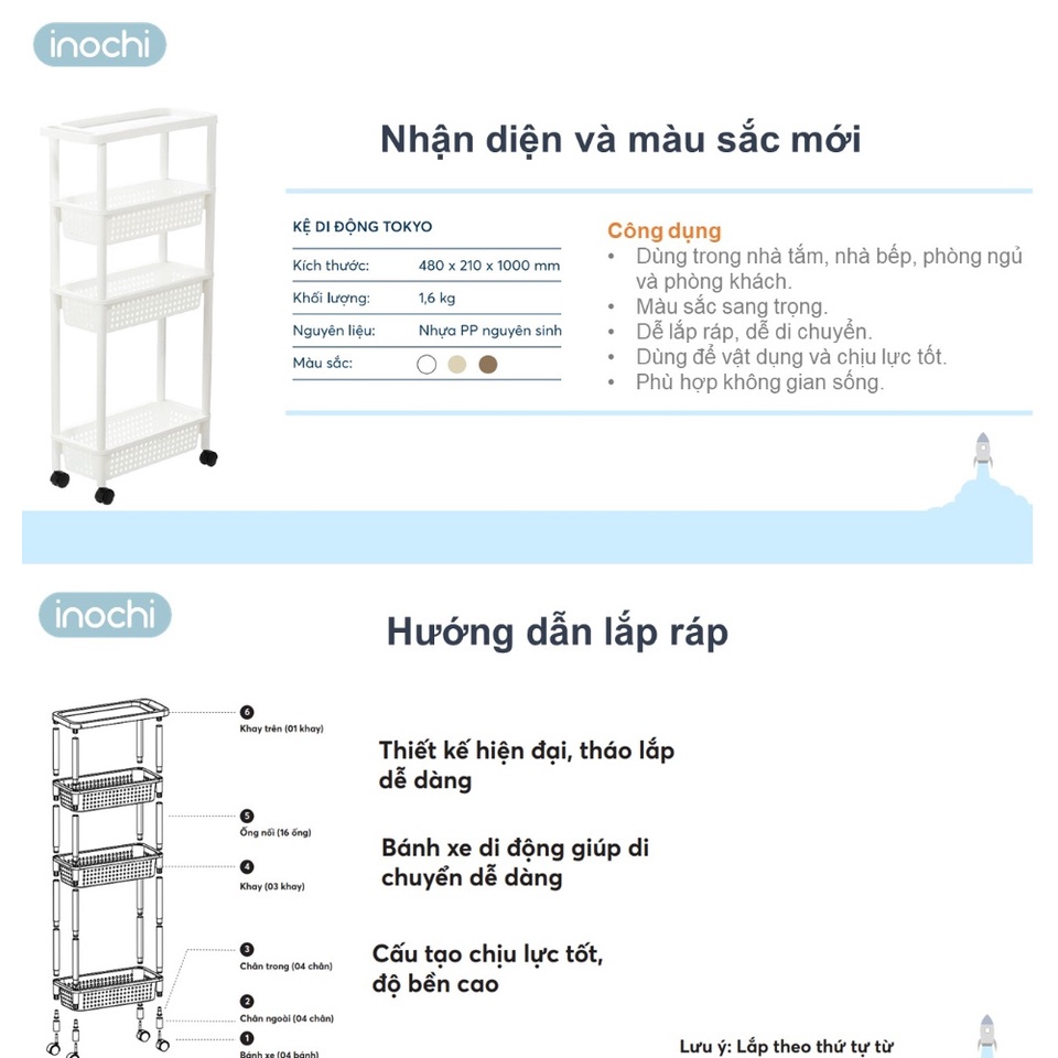 Kệ Di Động có bánh xe dễ di chuyển INOCHI, kệ đựng gia vị, sách, mỹ phẩm, kệ nhà tắm.
