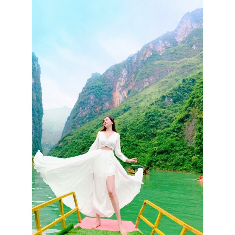 Đầm maxi xẻ tà du lịch đà lạt sa mạc boho ulzaang chụp hình sống ảo thiết kế sang trọng