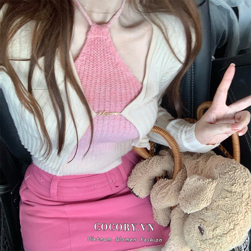 Cocory vn Set Áo Lửng Hai Dây Và Áo Khoác cardigan Thời Trang Dành Cho Nữ