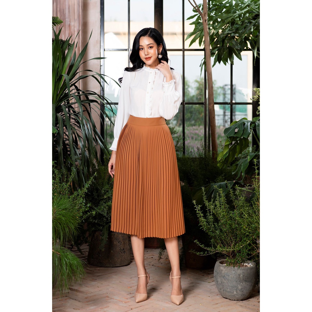 LALULILL - Chân váy 2 lớp dập ly lụa viscose nâu ánh cam