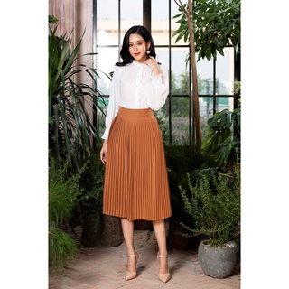 LALULILL - Chân váy 2 lớp dập ly lụa viscose nâu ánh cam BC503