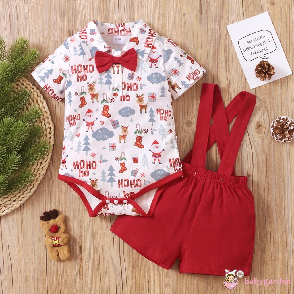 Bộ áo liền quần và quần yếm màu đỏ trơn in họa tiết giáng sinh cho bé trai