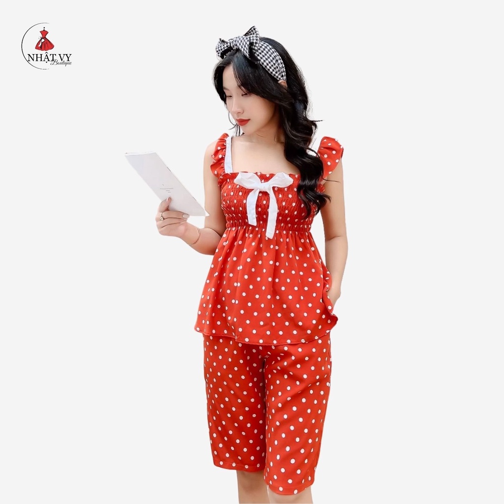 Đồ bộ nữ 2 dây quần lửng phối nơ trắng họa tiết chấm bi chất lụa nhật NHATVY - D2062