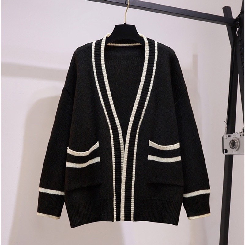 Áo khoác len, áo choàng cadigan có túi phối viền màu đen trắng dành cho nữ phong cách hàn quốc - xiaozhaivn