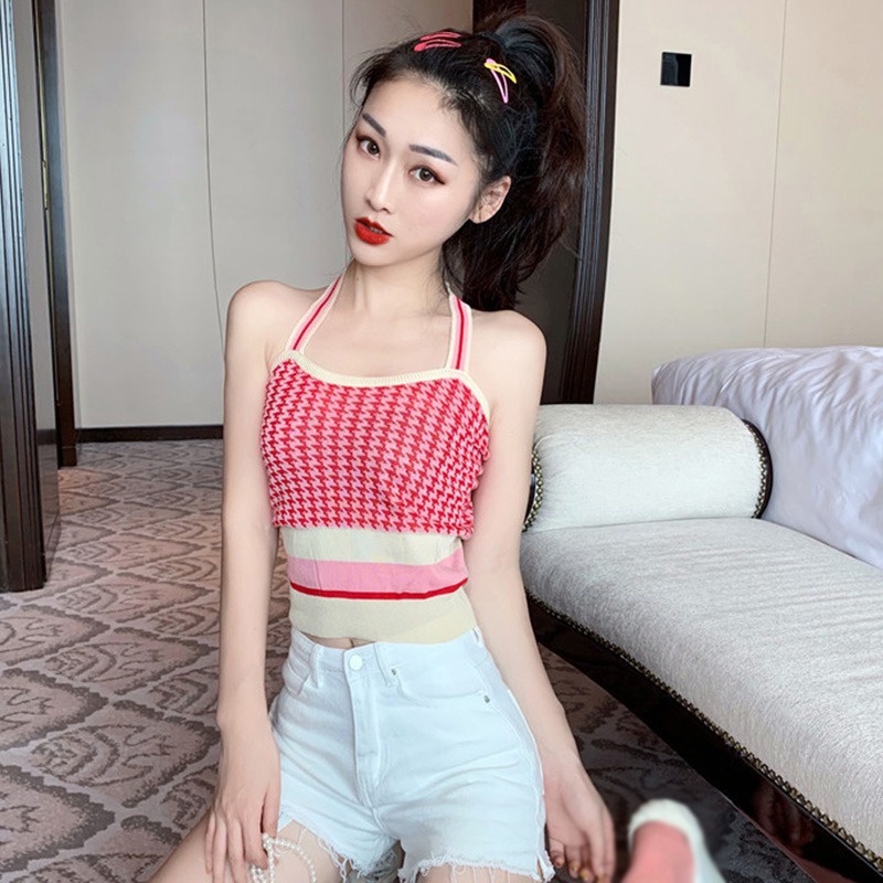 Áo Croptop Cổ Yếm Hở Lưng Họa Tiết Kẻ Sọc Siêu Nhẹ Thời Trang Quyến Rũ Cho Nữ