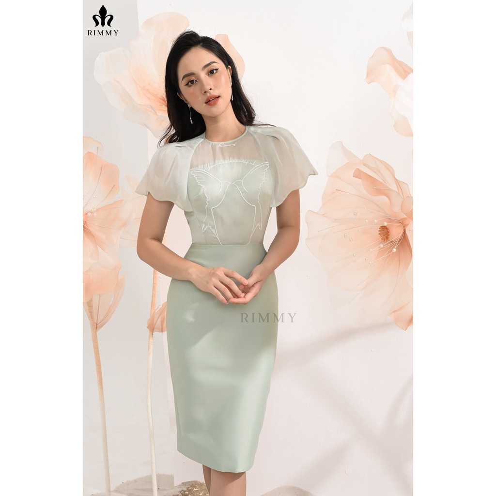 Váy xanh mint thêu thủ công chim tinh tế công sở đi làm lịch sự, sang chảnh thiết kế RIMMY
