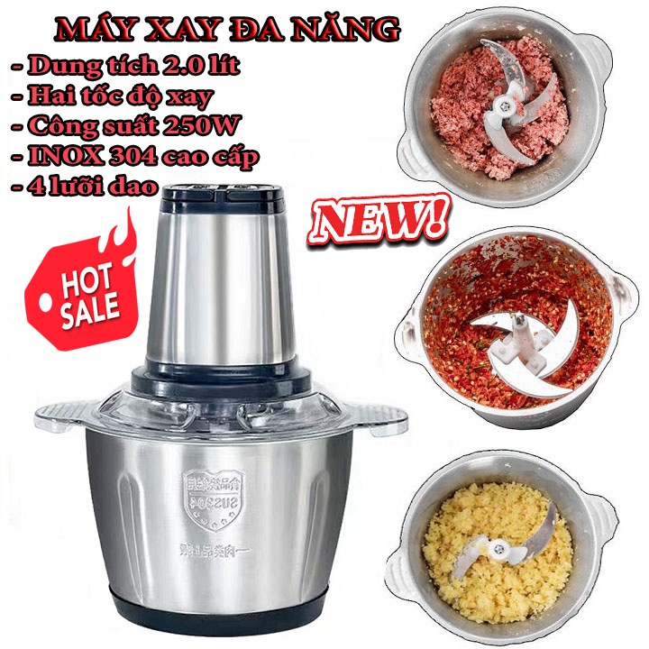 Máy xay thịt - Máy xay đa năng cối Inox 304 2.0Lit, 4 tầng lưỡi, xay thịt, rau củ quả ...