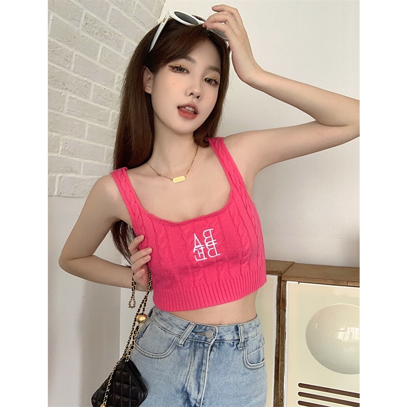 HUANG YOYO Áo Croptop Dệt Kim Hai Dây Thêu Họa Tiết Xinh Xắn Theo Phong Cách Mùa Hè Hàn Quốc