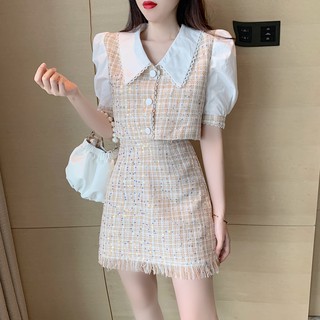 (HÀNG CÓ SẴN) Set áo croptop cổ sơ mi váy ngắn tua rua vải tweed dễ thương (có hình thật)