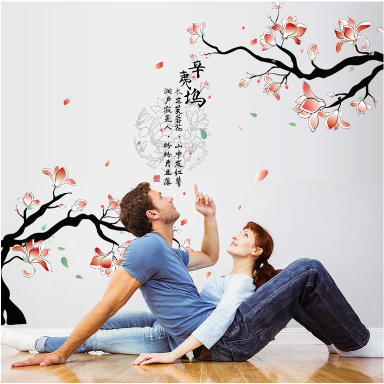 Decal trang trí tường - 2 Cành hoa hồng trắng nhạt hữu tình sắc màu