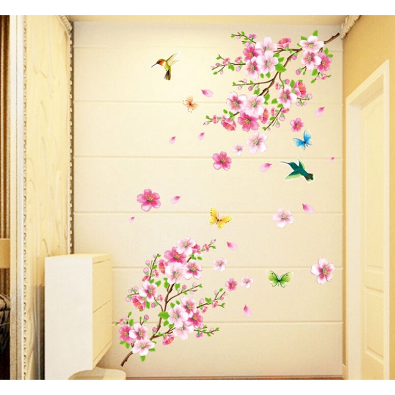 Miếng dán tường trang trí hình dáng nhánh hoa anh đào và chim bướm độc đáo