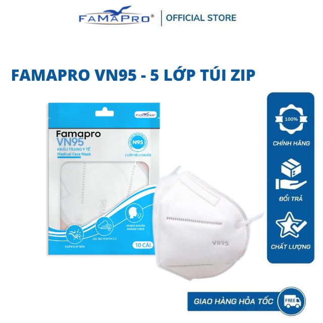 [VN95 5 LƠP TÚI 10 CÁI Xanh] Khẩu trang y tế kháng khuẩn 5 lớp Famapro VN95