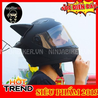 Compo nón fullface ASIA tem đen trơn gắng sừng batman đen và đuôi gió
