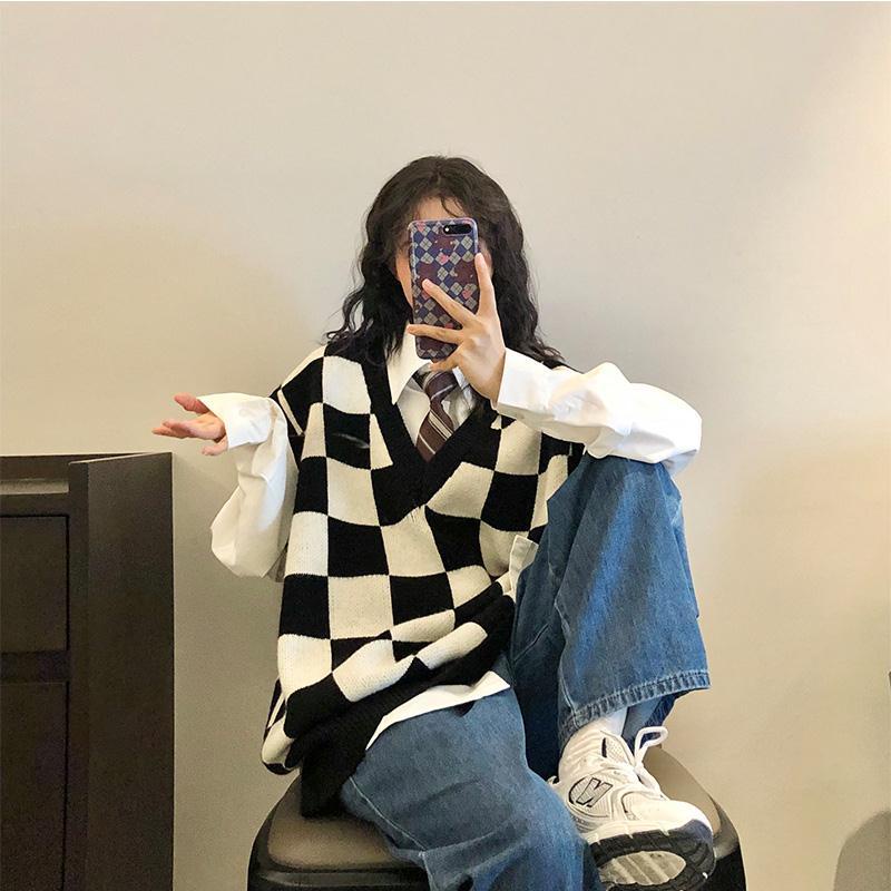 【Keroro】Áo Gile len đan nữ Cổ tim Kẻ sọc Caro Form rộng Phong cách | BigBuy360 - bigbuy360.vn