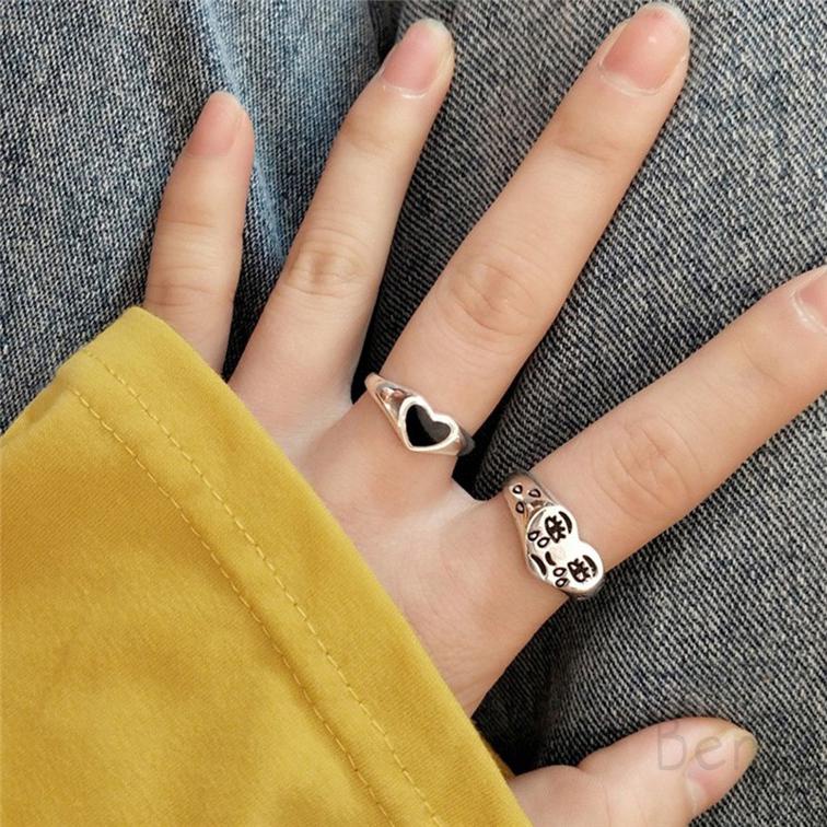 [Beryl] Mới tình yêu màu đen đơn giản thời trang nhẫn nữ phụ kiện mở mắt nước biểu cảm cổ điển ngón trỏ đeo nhẫn tay trang sức