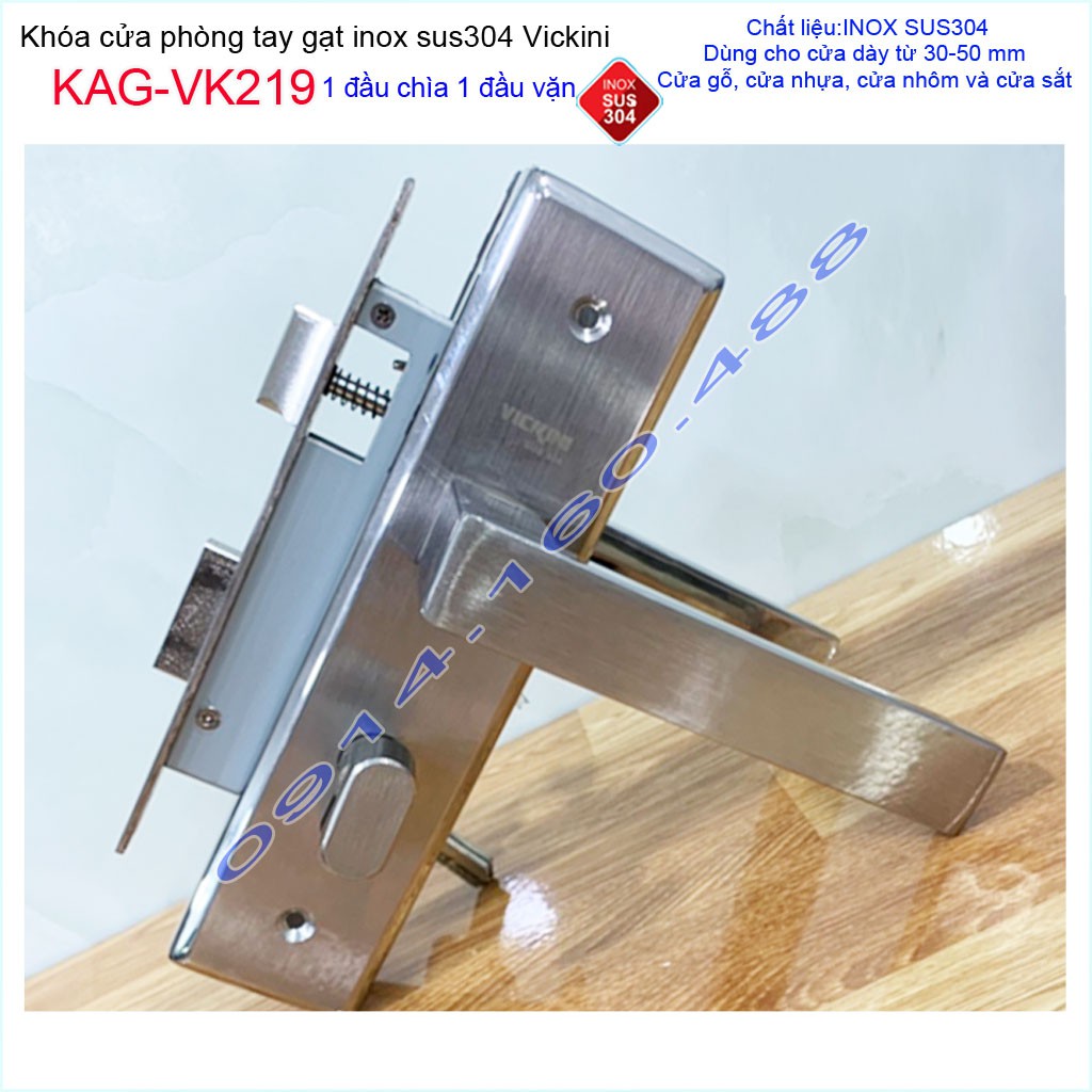 Khóa cửa tay gạt inox KAG-VK219, khóa cửa trọn bộ thân+ tay ốp + ruột khóa Vickini