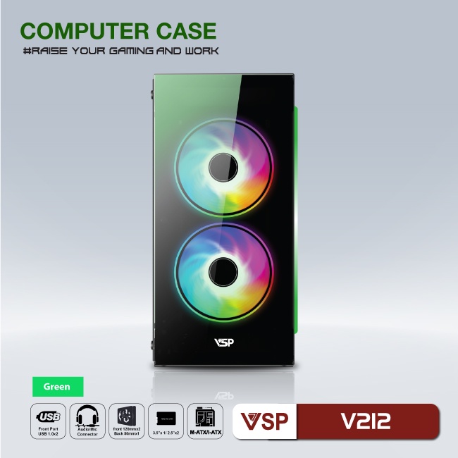 Case VSP V212 Xanh (Chuẩn mATX) Hai Mặt Kính Cường Lực