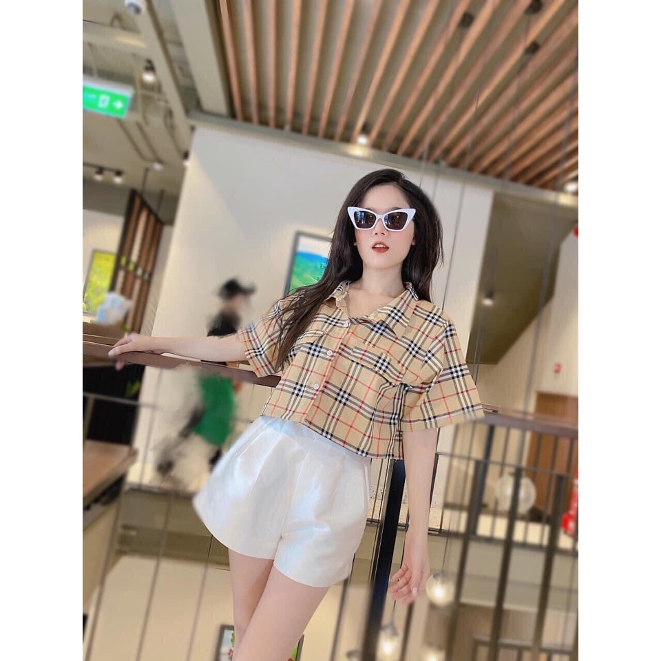 Áo sơ mi coptop kẻ Caro BBR dáng croptop dáng ngắn chất lụa mềm siêu đẹp, áo croptop thời trang