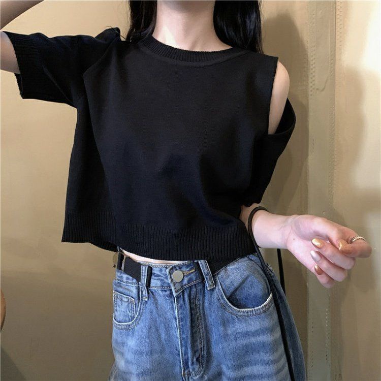 Áo thun dệt kim tay ngắn màu trắng thiết kế mới dành cho nữ 2021 | BigBuy360 - bigbuy360.vn