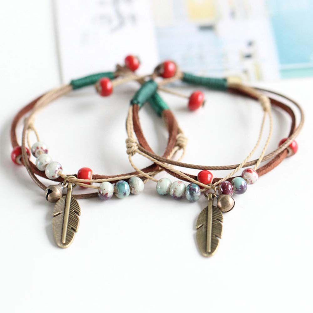 Vòng Đeo Tay Kiểu Dây Thừng Phối Hạt Gốm Sứ Chất Lượng Cao Phong Cách Dân Tộc Au Breylee Thời Trang Cho Nữ