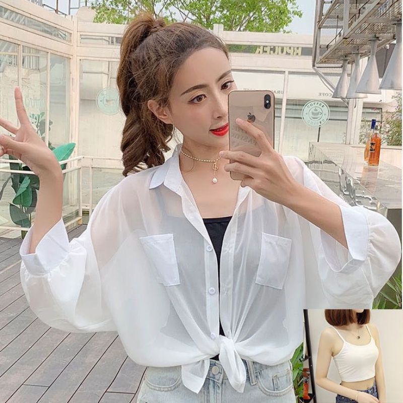 set áo bao gồm áo thun 3 lỗ + áo khoác mỏng sexy