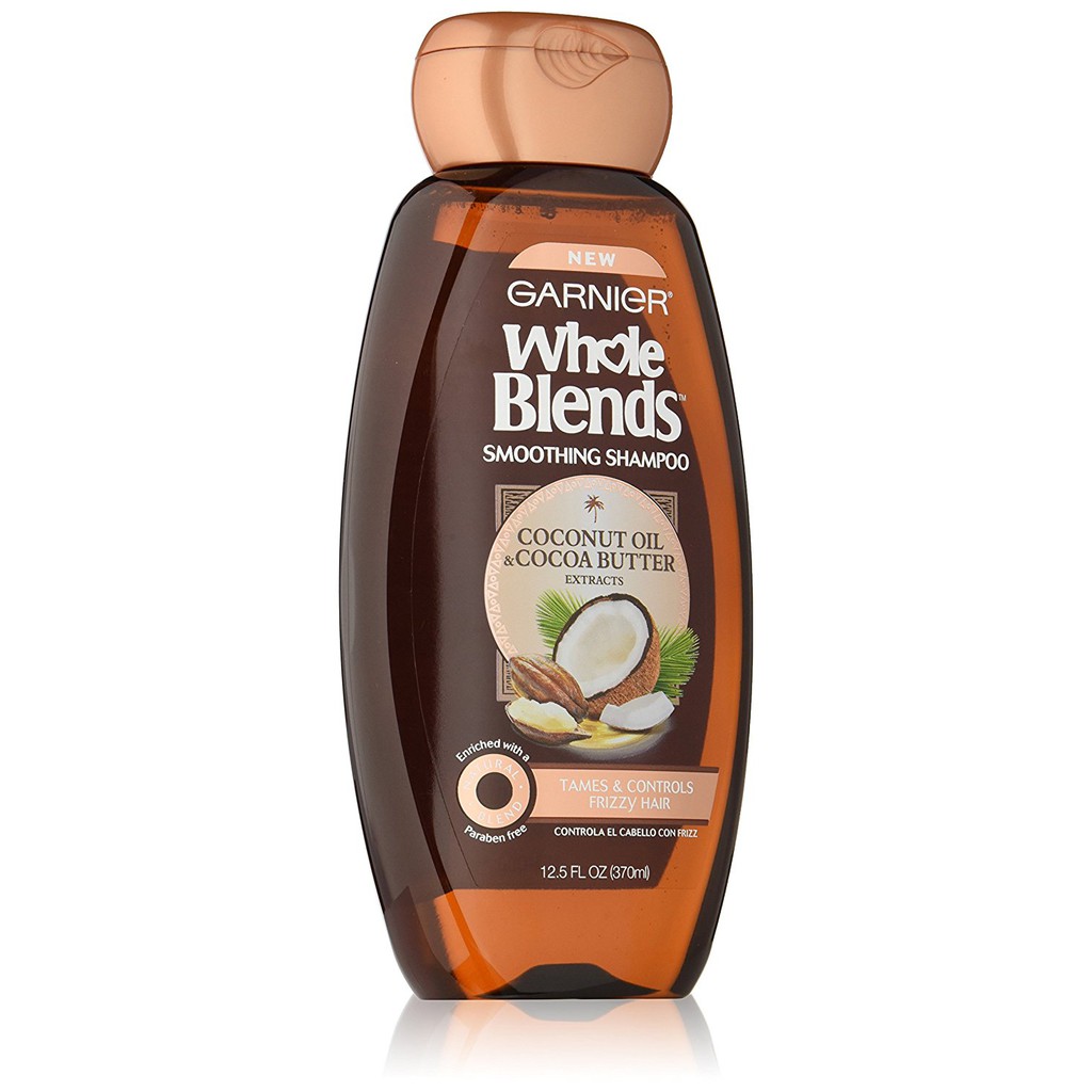 Dầu gội giúp mượt tóc Garnier Whole Blends Smoothing Shampoo Coconut Oil & Cocoa Butter extracts 370ml (Mỹ)