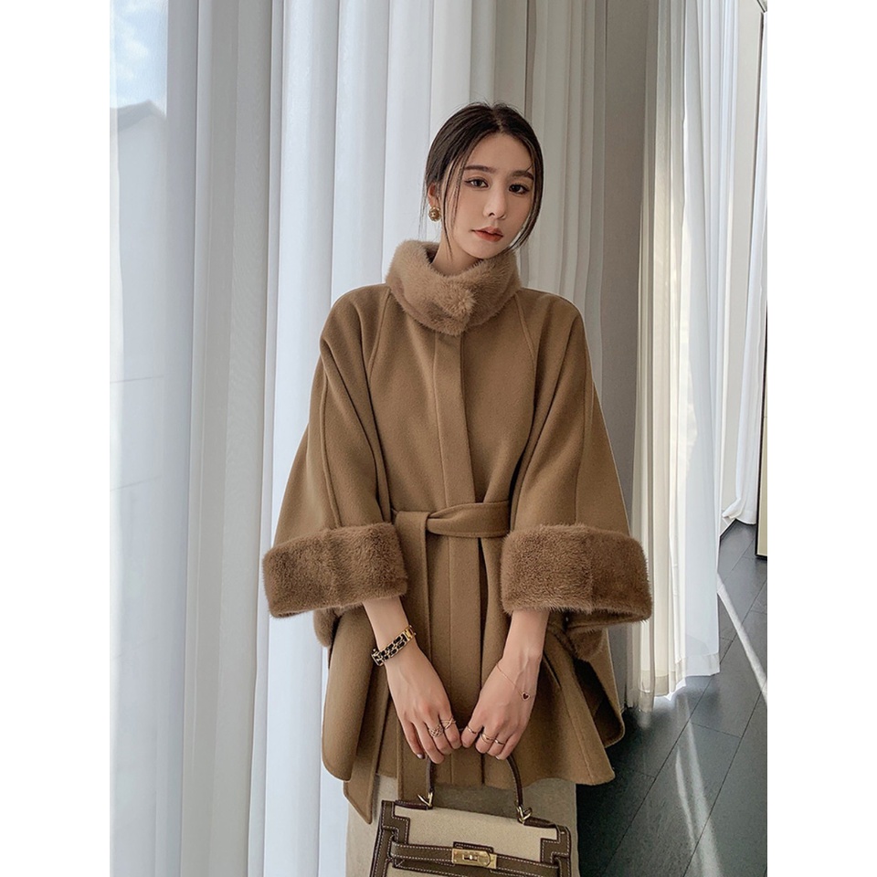 áo choàng cashmere cao cấp hai mặt cổ lông mềm mịn sang trọng quý phái phong cách châu âu sành điệu. hàng QC KCC1558