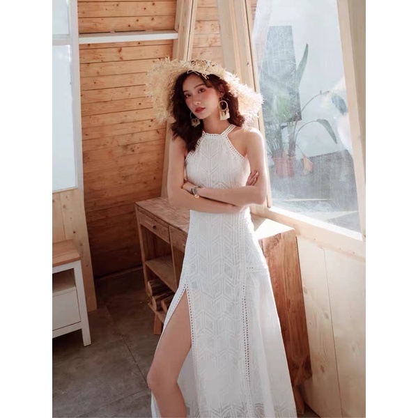 🖤Đầm trắng tiểu thư maxi ren hở lưng váy đi biển sexy quyến rũ/Váy bánh bèo ulzzang yếm xẻ đùi sang chảnh sống ảo ';