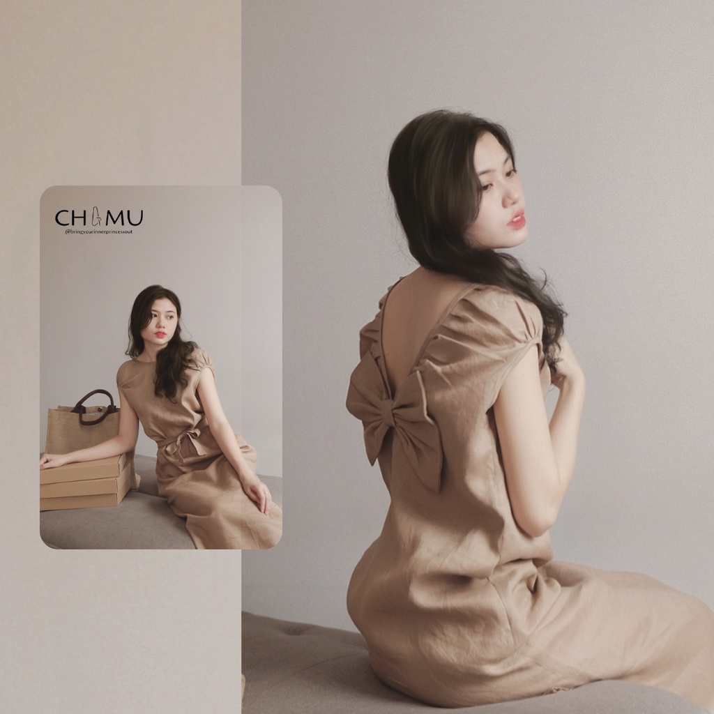 Đầm linen 100%  nơ bản to cách điệu | EMI midi linen dress | CHAMULINEN