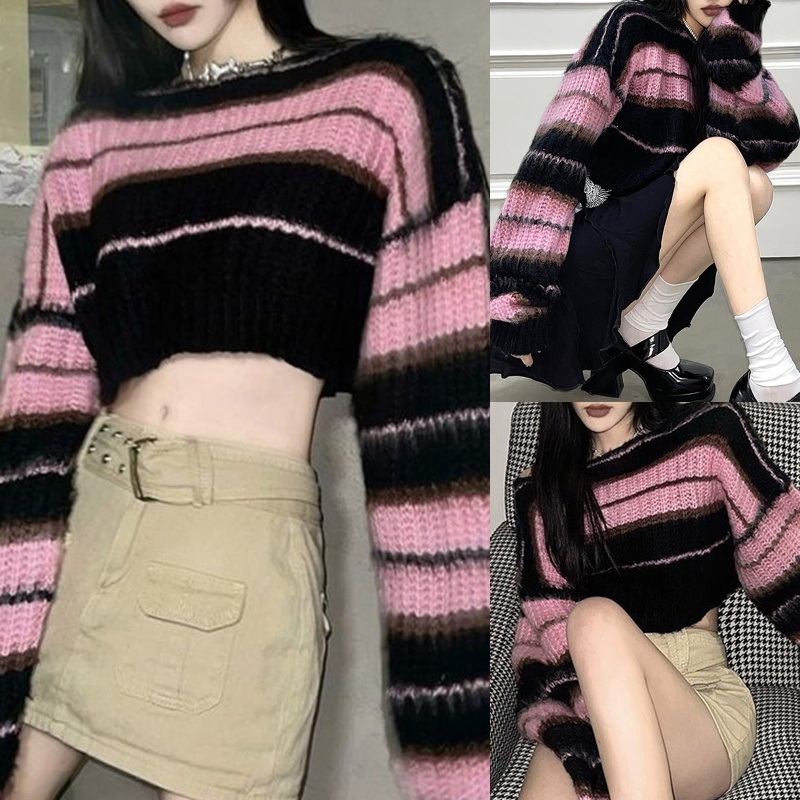 Áo Croptop Dệt Kim Hoạ Tiết Kẻ Sọc Màu Đen Hồng 10MK