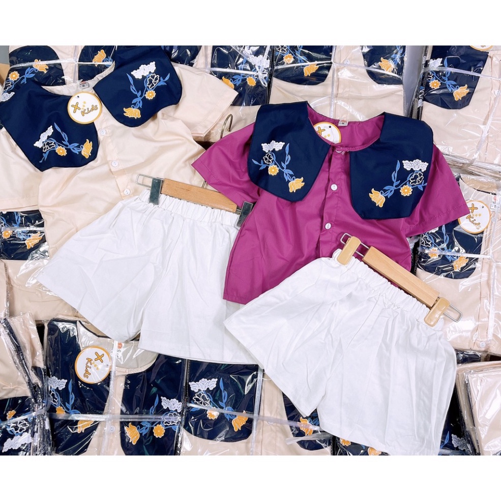 Bộ cộc tay bé gái, bộ size đại cổ than thêu hoa phong cách hàn quốc cho bé (20-40kg)