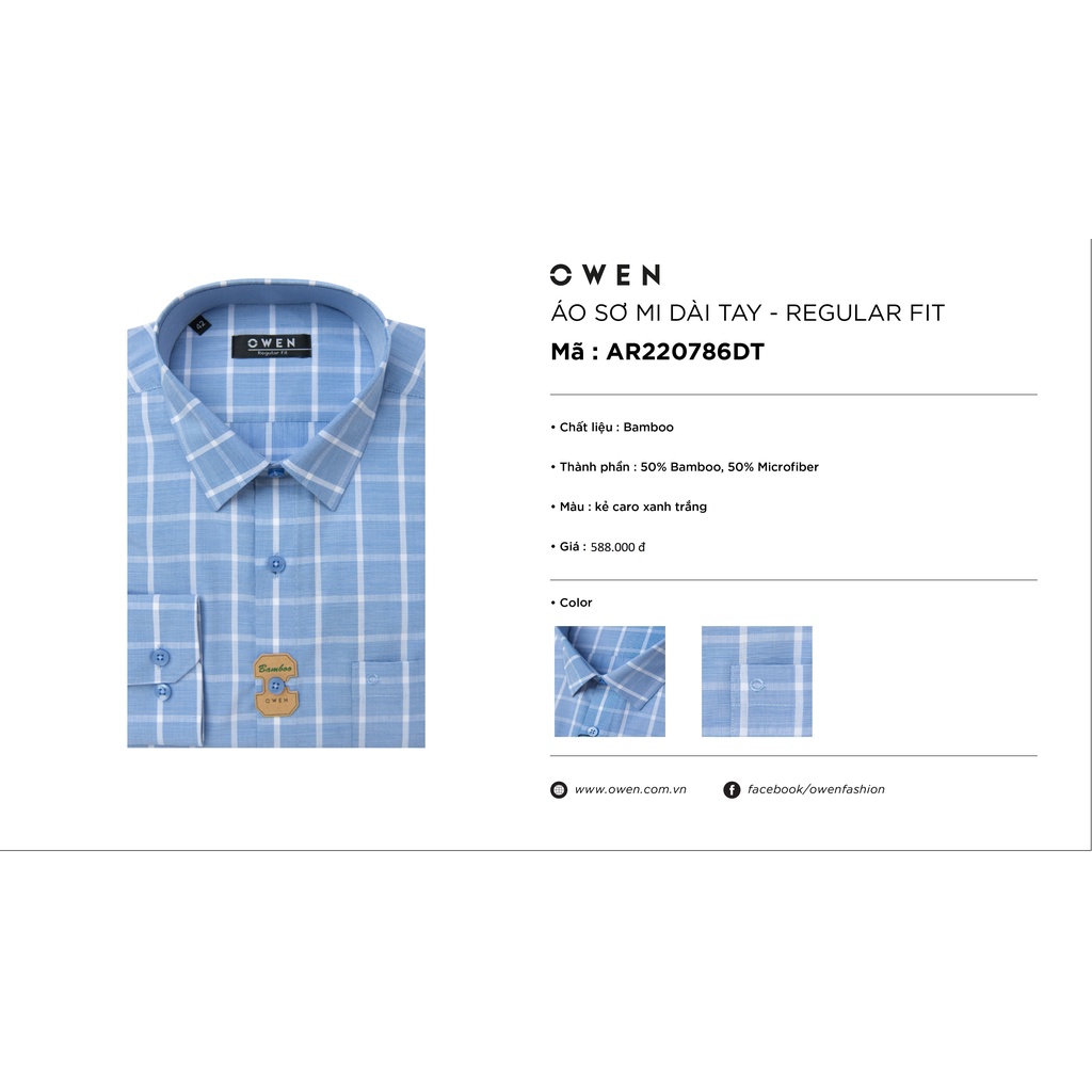 Áo Sơ Mi Nam Dài Tay OWEN AR220786DT Somi Công Sở Vải Sợi Tre Cao Cấp Kẻ caro xanh trắng Dáng Regular Fit Tà Lượn Có Túi
