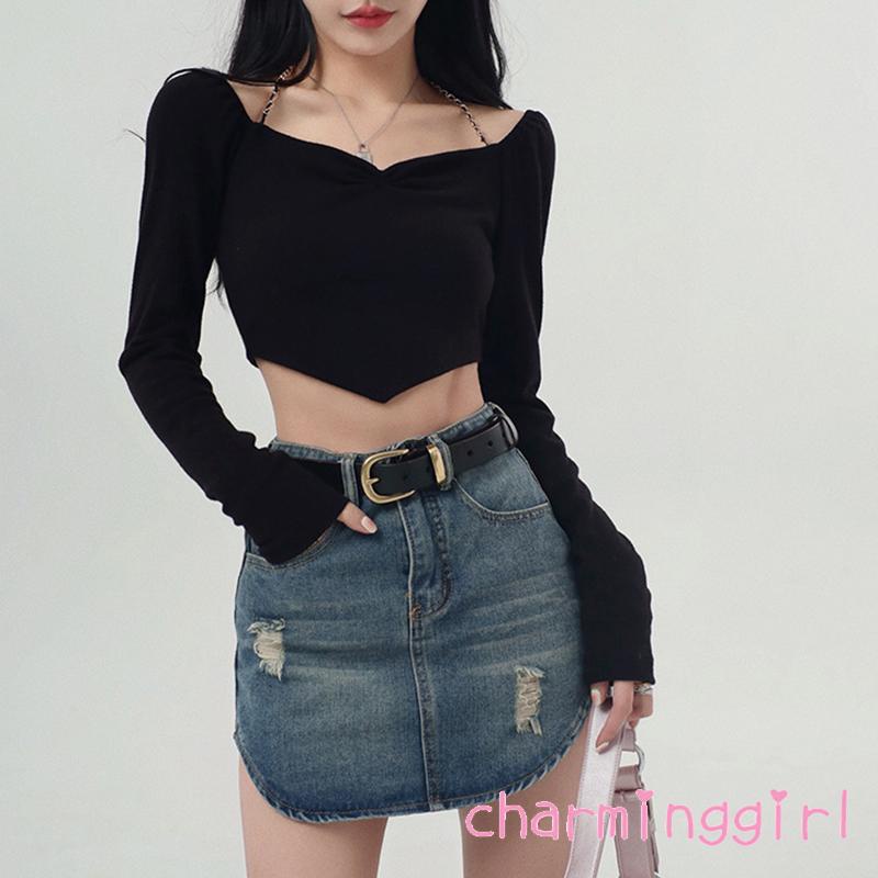 QAQ-Women´s Crop Tops Chain Halter Shoulder Cutout Long Sleeve Irregular Hem Slim Fit Short Tops